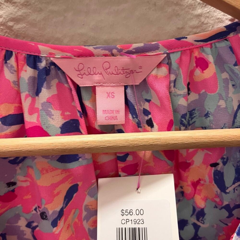 Lilly Pulitzer Finch Cold Shoulder Silk Top Blouse Coco Coral Crab Floral XS - Picture 6 of 9
